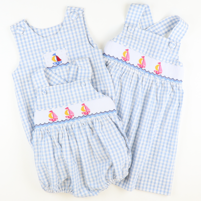 Smocked Sail Away Dress - Light Blue Check Seersucker