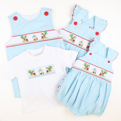 Smocked Crab Island Short Sleeve White Knit Shirt
