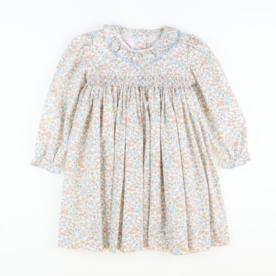 Smocked Autumn Floral Ruffle Neck Dress - Stellybelly
