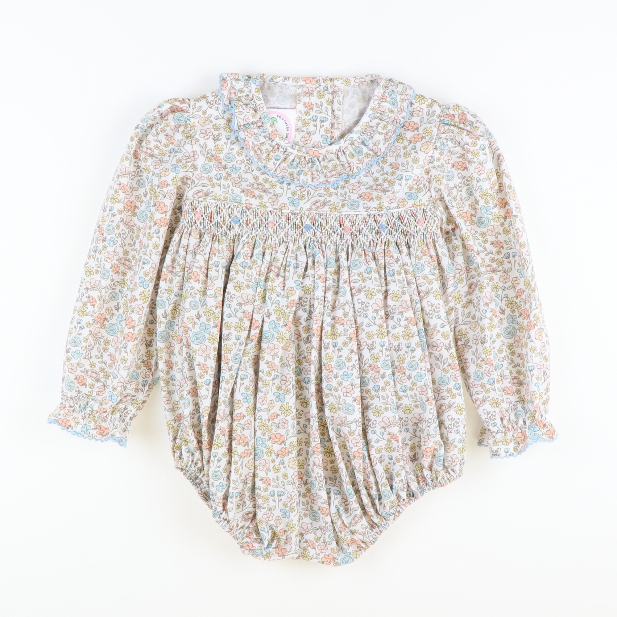 Smocked Autumn Floral Ruffle Neck Girl Bubble - Stellybelly