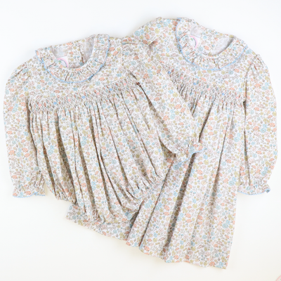 Smocked Autumn Floral Ruffle Neck Girl Bubble - Stellybelly