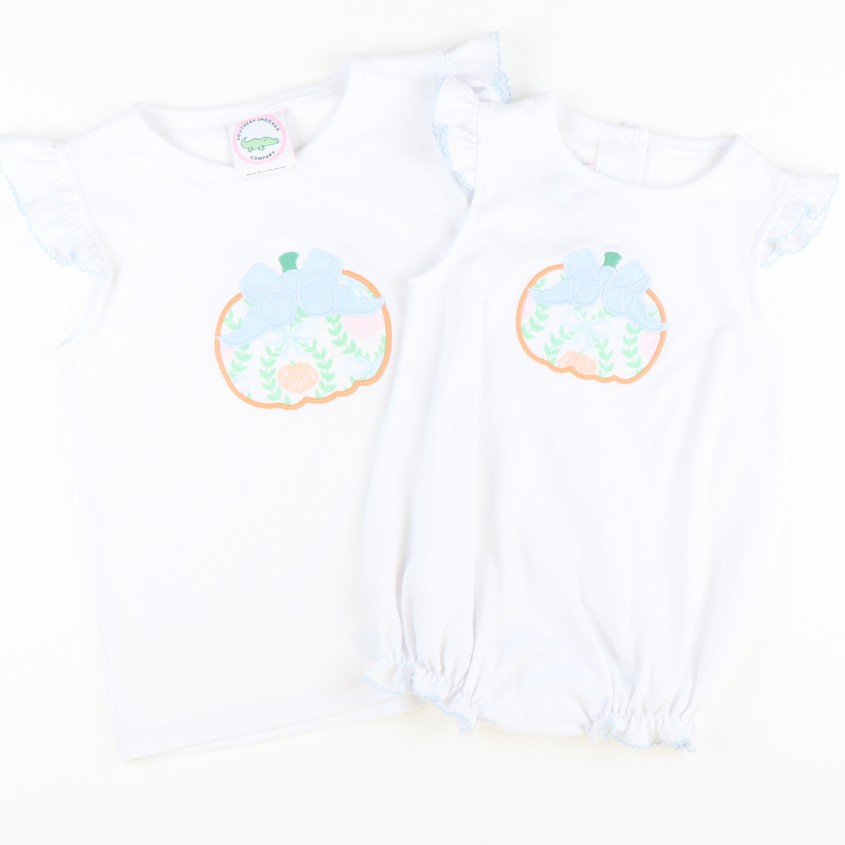 Heirloom Pumpkin Appliqué White Knit Girl Bubble - Stellybelly