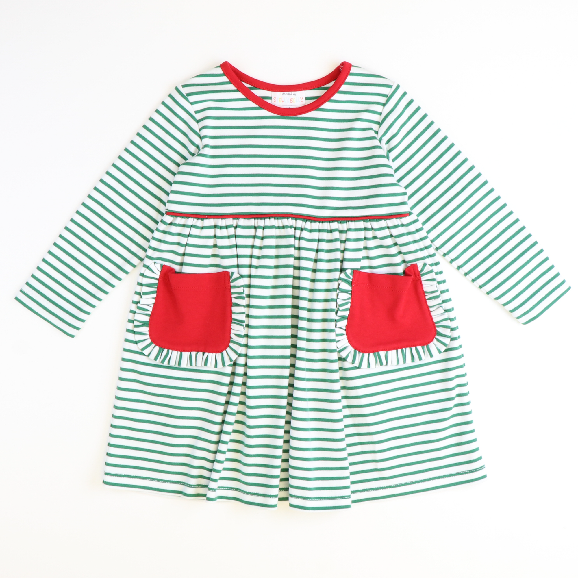 Out & About Knit L/S Pocket Dress - Christmas Green Stripe