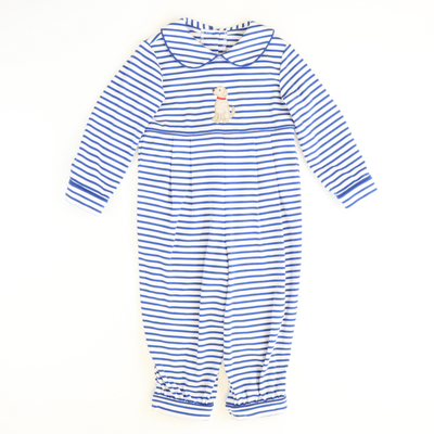 Appliquéd Labrador Collared Boy Long Bubble - Royal Blue Stripe Knit