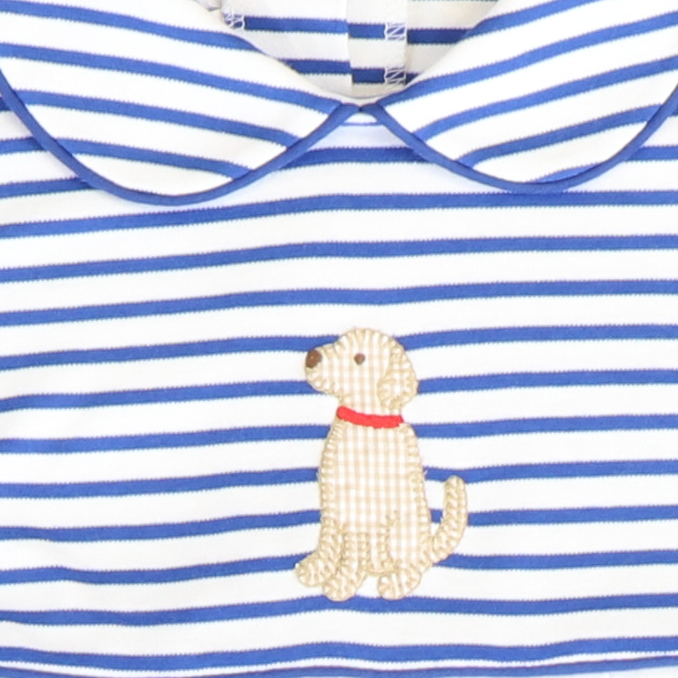 Appliquéd Labrador Collared Boy Long Bubble - Royal Blue Stripe Knit