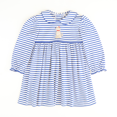 Appliquéd Labrador Dress - Royal Blue Stripe Knit - Stellybelly