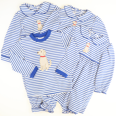 Appliquéd Labrador Girl Long Bubble - Royal Blue Stripe Knit - Stellybelly