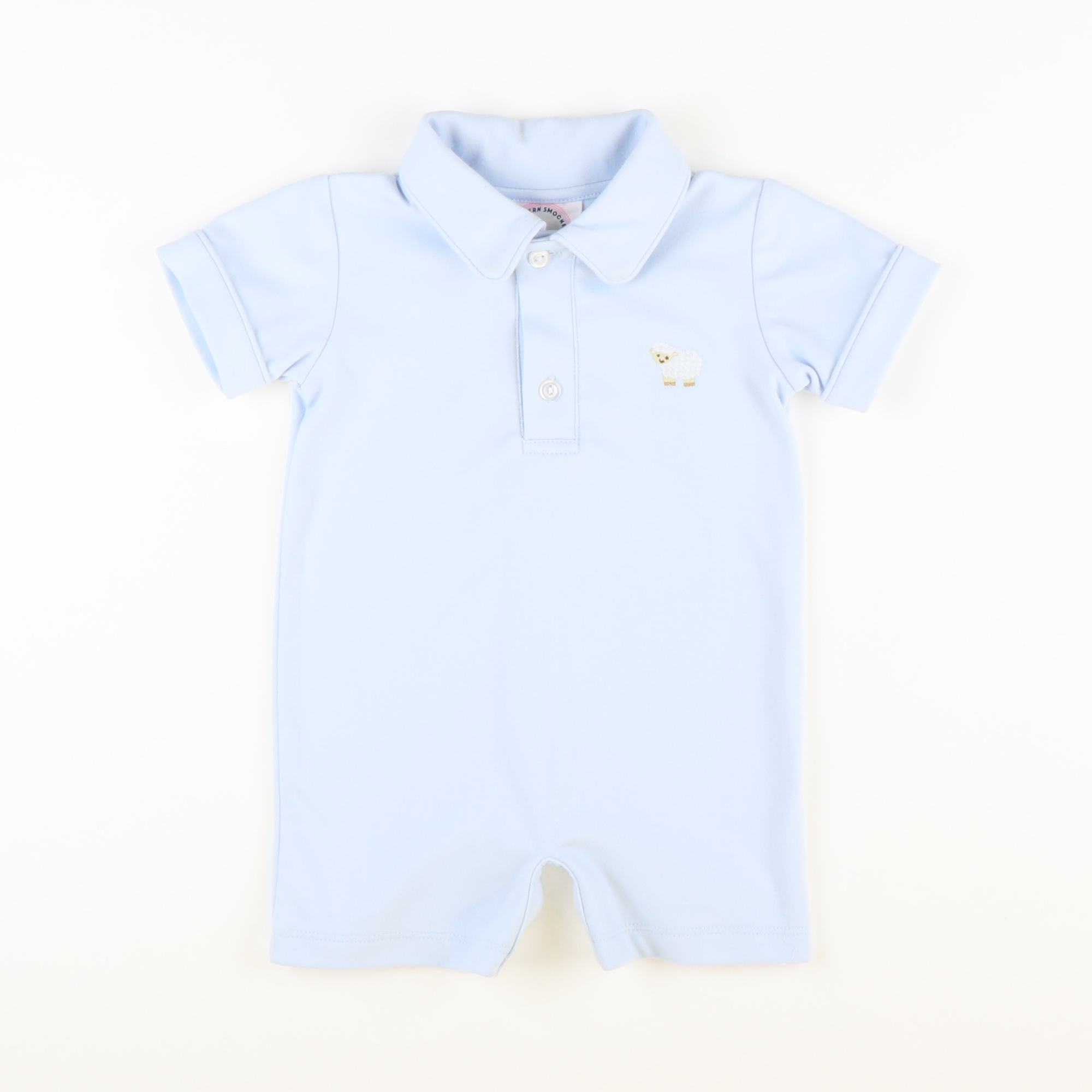 Embroidered Lamb Collared Knit Boy Romper - Light Blue - Stellybelly