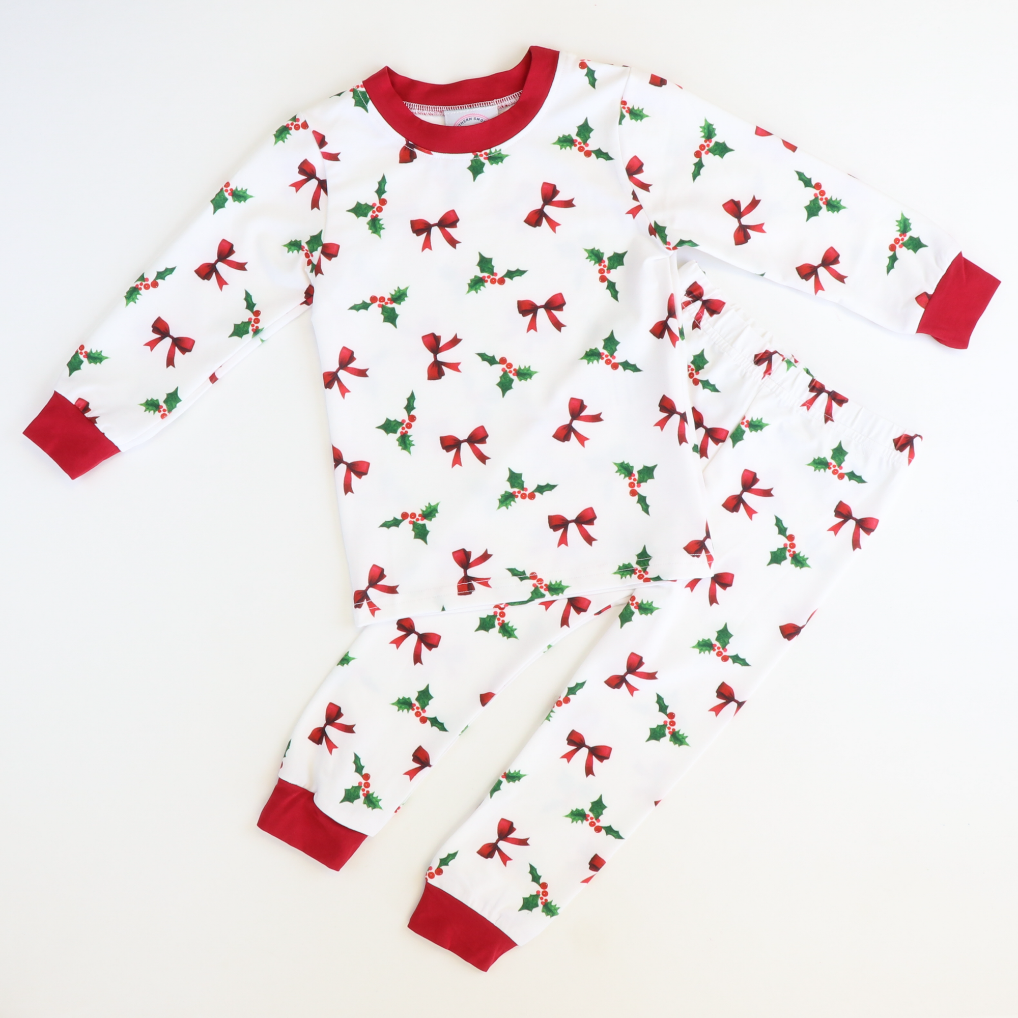 Holly Berries & Crimson Bows White Knit Pajama Set