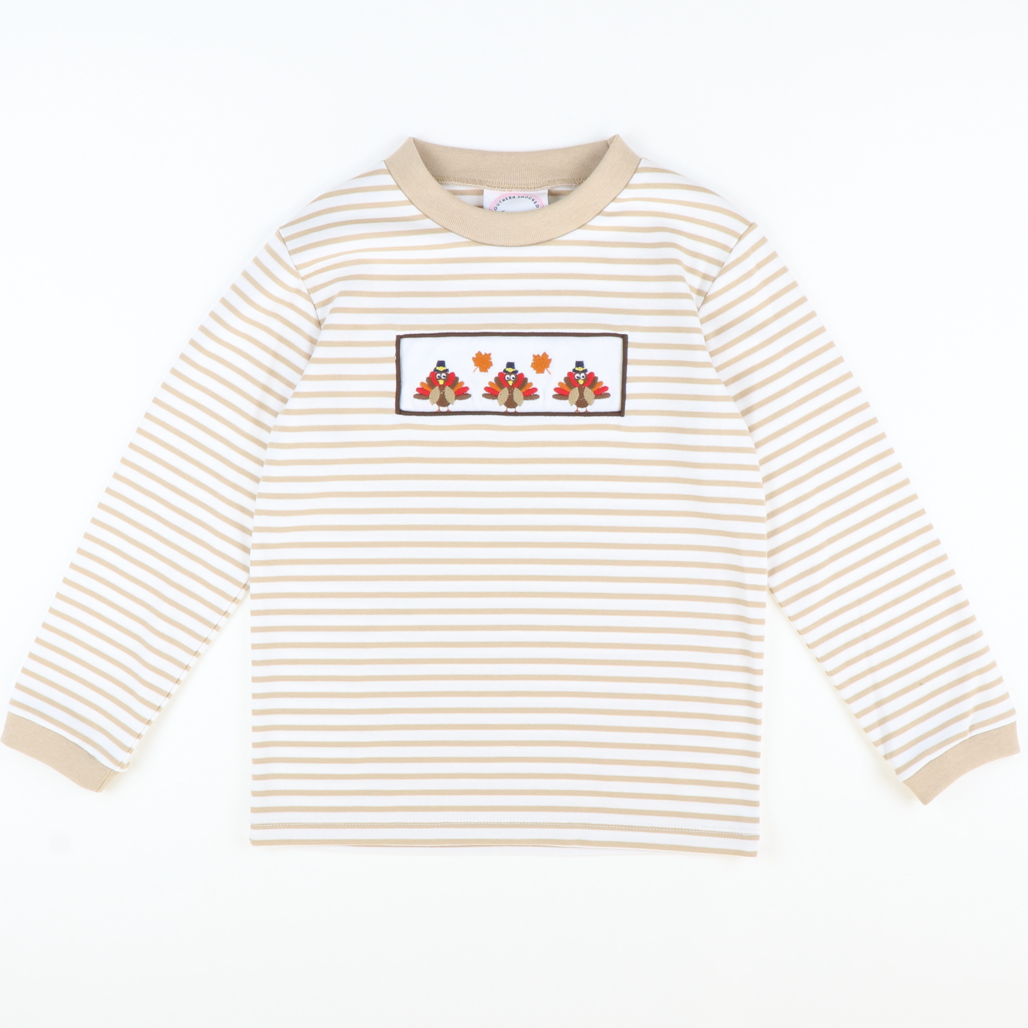 Embroidered Turkeys Long Sleeve Shirt - Tan Stripe Knit
