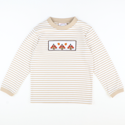 Embroidered Turkeys Long Sleeve Shirt - Tan Stripe Knit