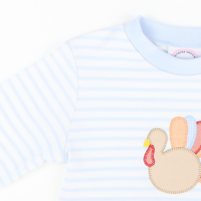 Appliquéd Turkey Long Sleeve Shirt - Light Blue Stripe Knit