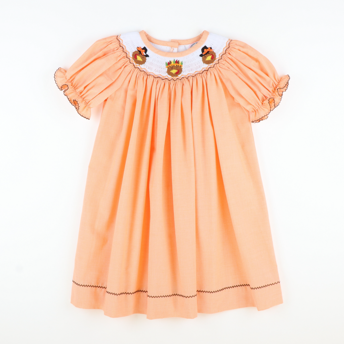 Smocked Pilgrim Turkeys Bishop - Orange Mini Gingham