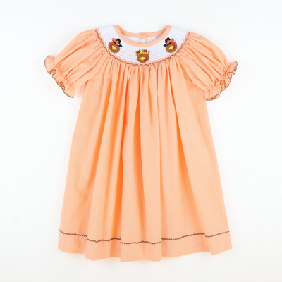Smocked Pilgrim Turkeys Bishop - Orange Mini Gingham