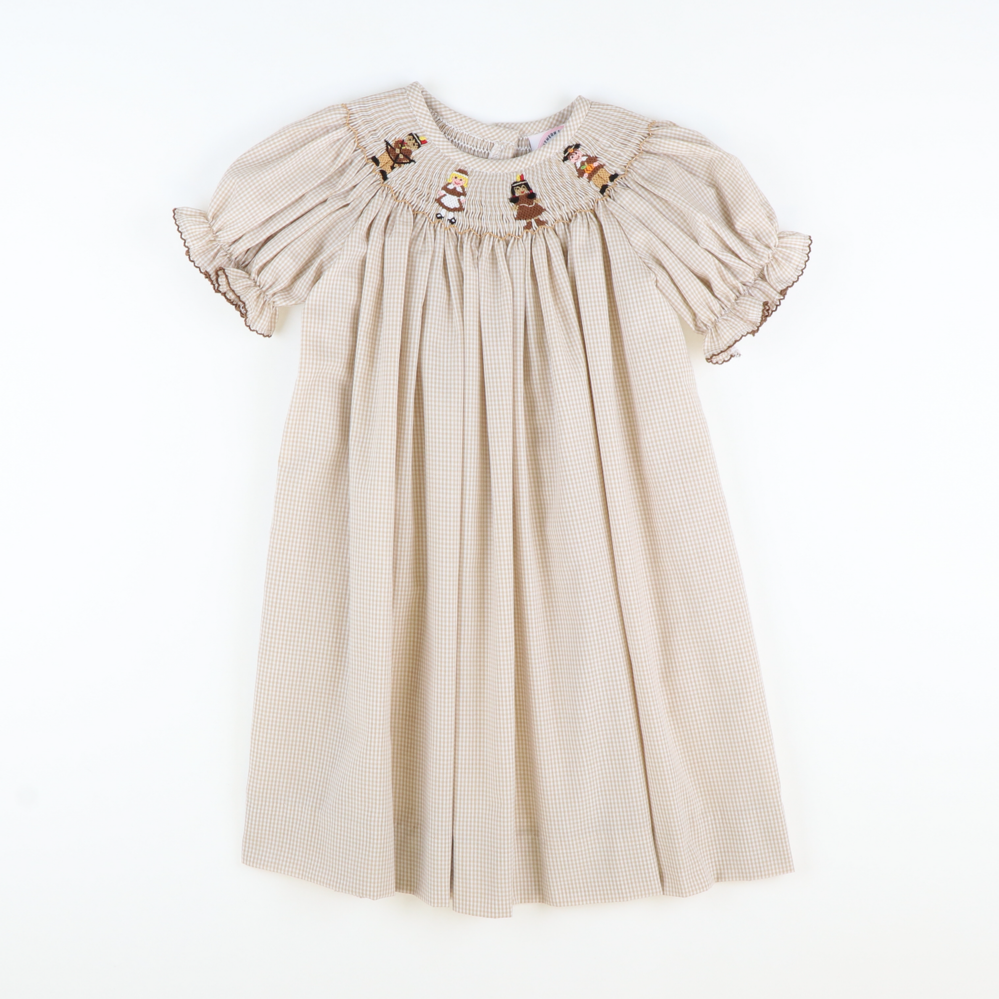 Smocked Thanksgiving Pals Bishop - Khaki Mini Gingham