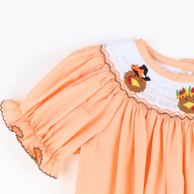Smocked Pilgrim Turkeys Bishop - Orange Mini Gingham