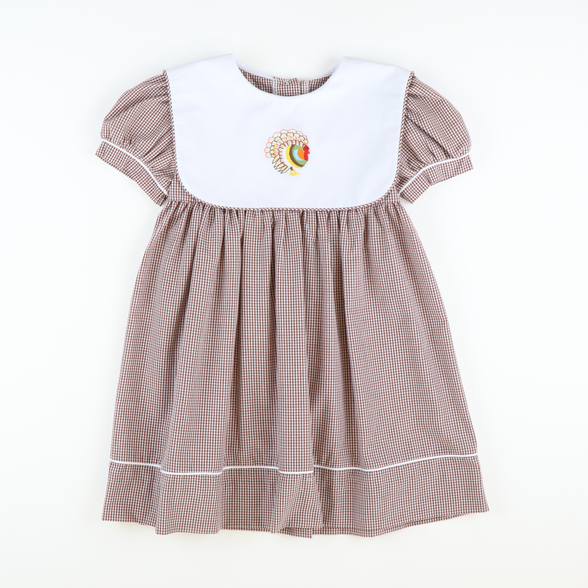 Embroidered Turkey Dress - Brown Mini Gingham