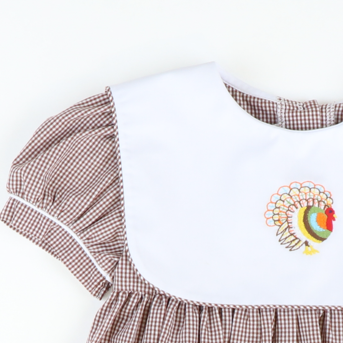Embroidered Turkey Dress - Brown Mini Gingham