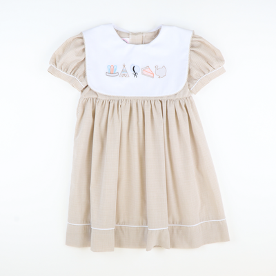 Shadow Stitch Thanksgiving Dress - Khaki Mini Gingham