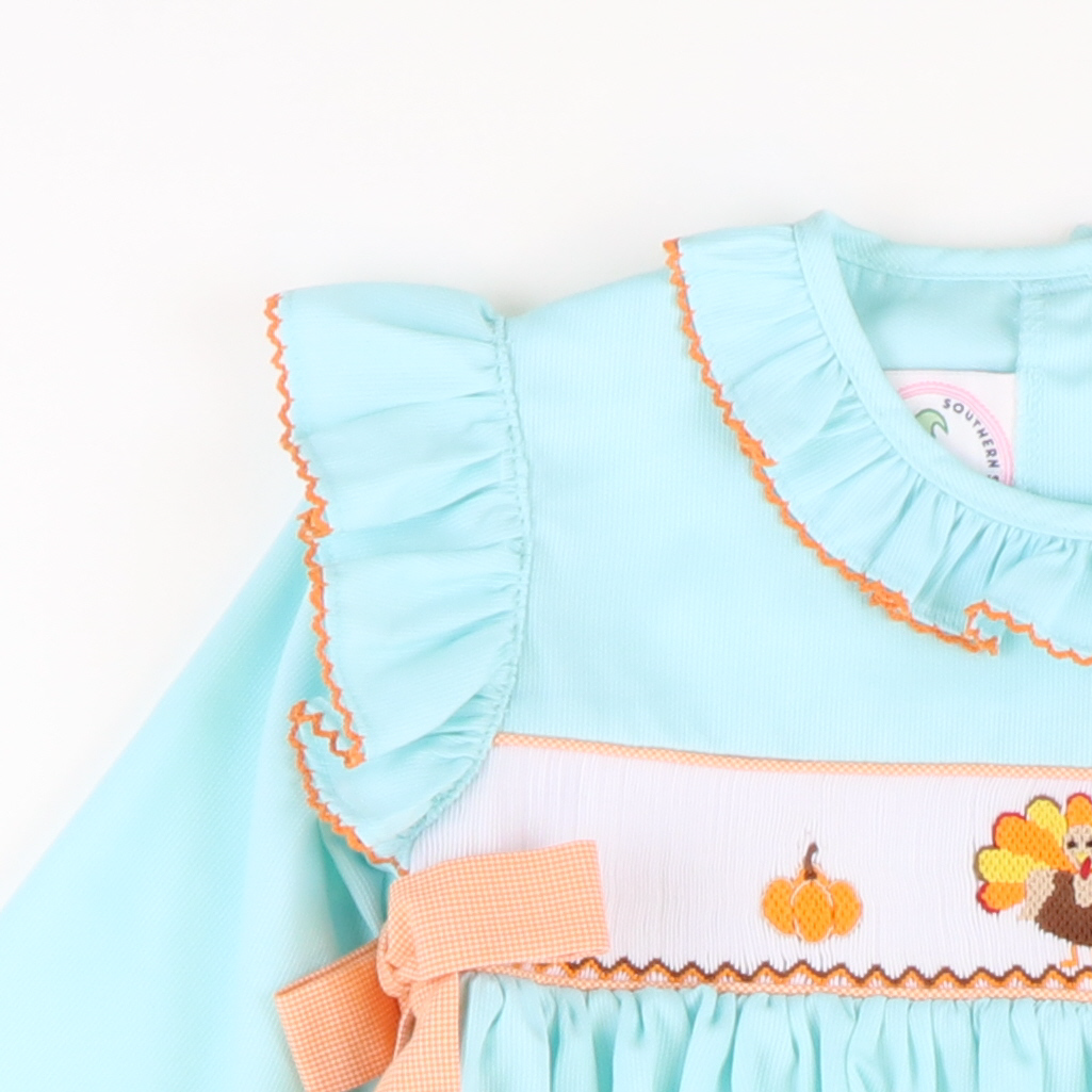 Smocked Turkeys & Pumpkins Ruffle Girl Bubble - Mint Pique