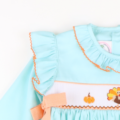Smocked Turkeys & Pumpkins Ruffle Girl Bubble - Mint Pique