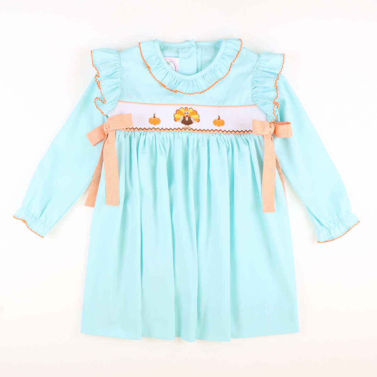 Smocked Turkeys & Pumpkins Ruffle Dress - Mint Pique