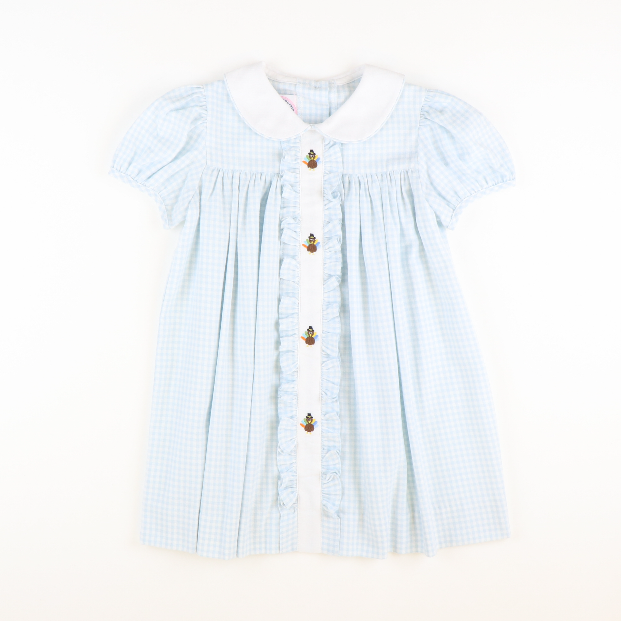 Embroidered Turkeys Collared Dress - Light Blue Flannel Gingham