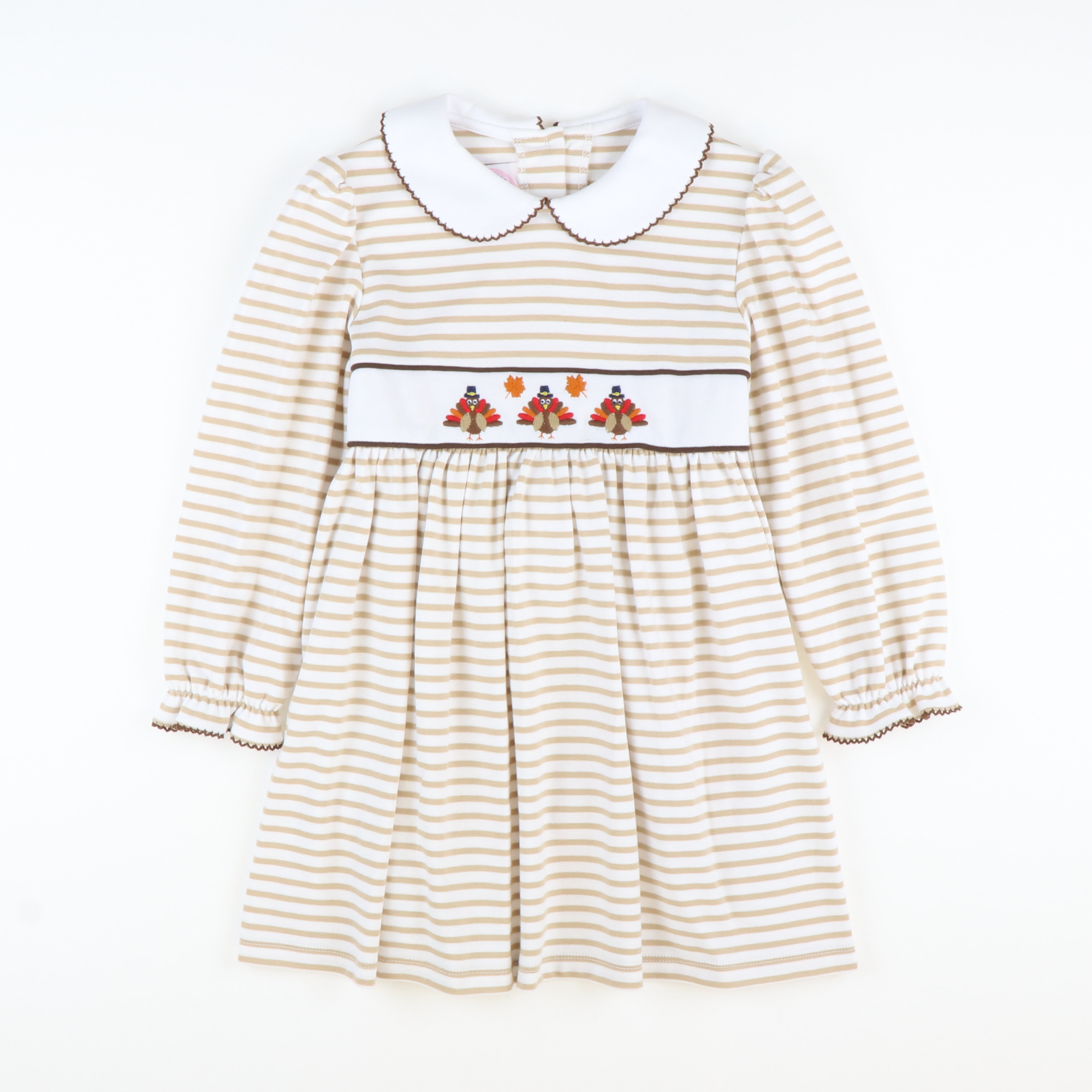 Embroidered Turkeys Collared Dress - Tan Stripe Knit