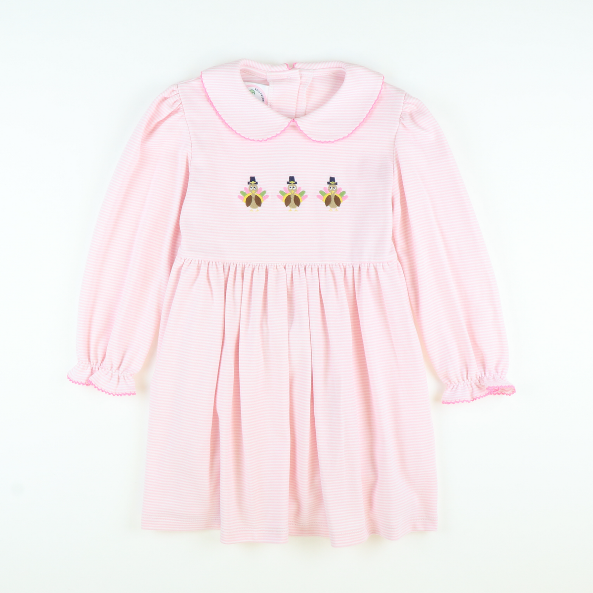 Embroidered Turkeys Collared Dress - Light Pink Stripe Knit