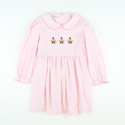 Embroidered Turkeys Collared Dress - Light Pink Stripe Knit