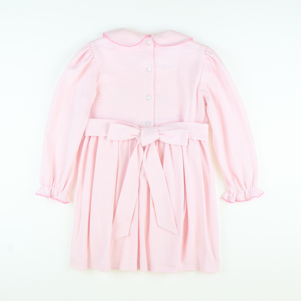 Embroidered Turkeys Collared Dress - Light Pink Stripe Knit