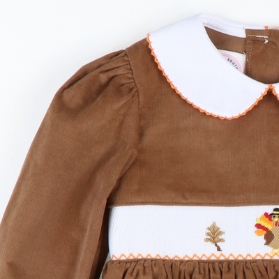 Smocked Autumn Turkeys Collared Top & Bloomer Set - Cinnamon Corduroy