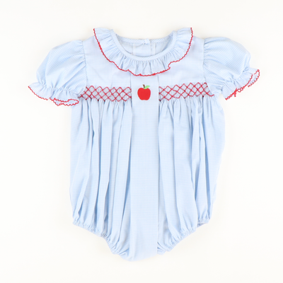 Embroidered Apple Geo Girl Bubble - Light Blue Mini Gingham - Stellybelly