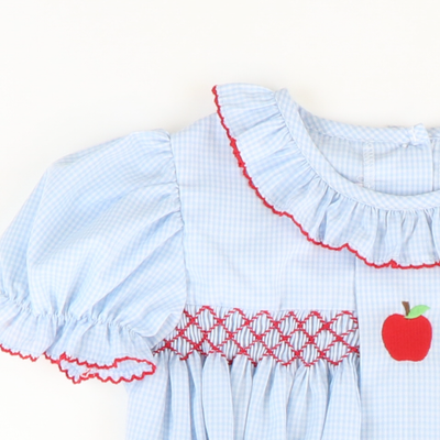 Embroidered Apple Geo Girl Bubble - Light Blue Mini Gingham - Stellybelly