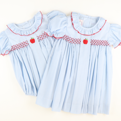 Embroidered Apple Geo Girl Bubble - Light Blue Mini Gingham - Stellybelly