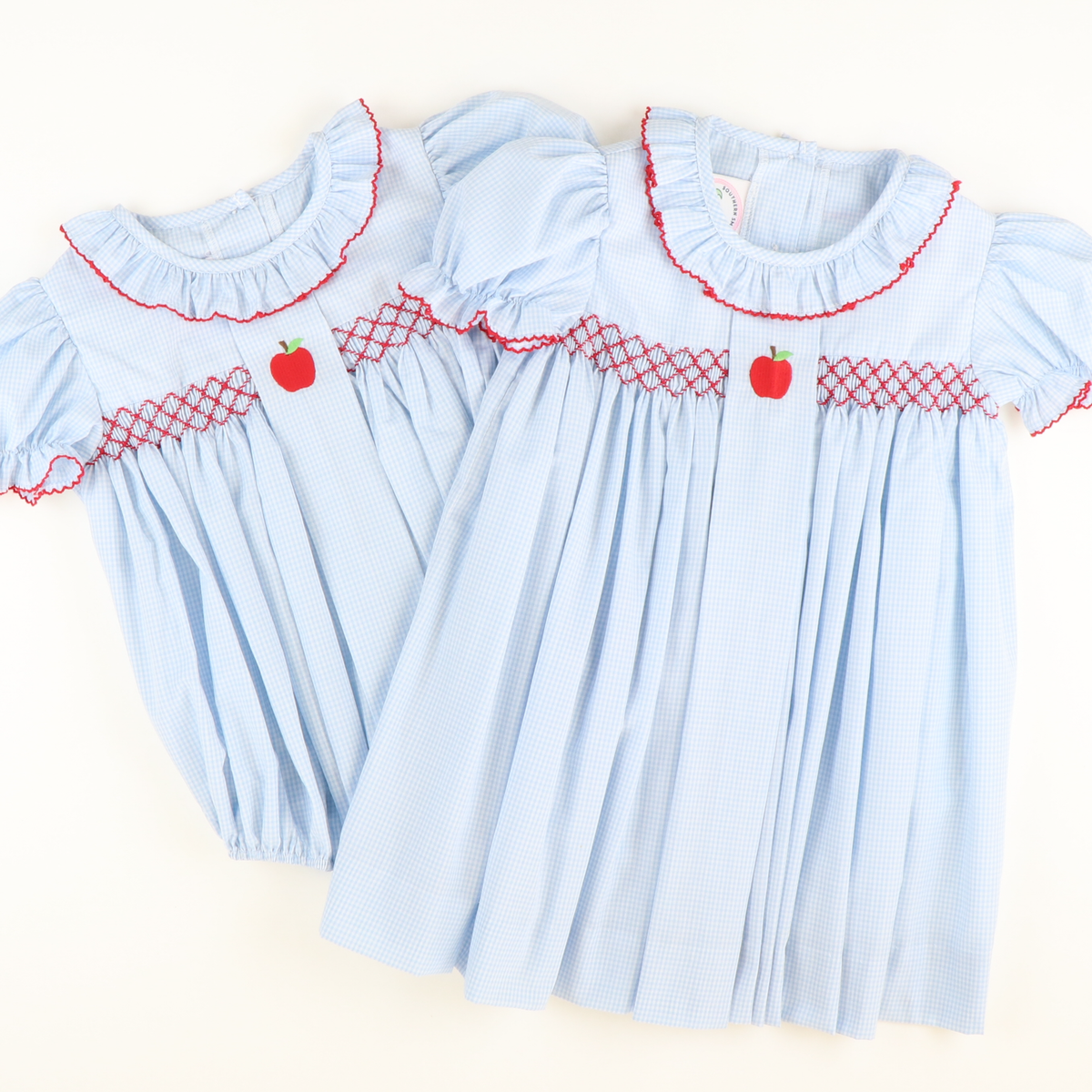 Embroidered Apple Geo Dress - Light Blue Mini Gingham - Stellybelly