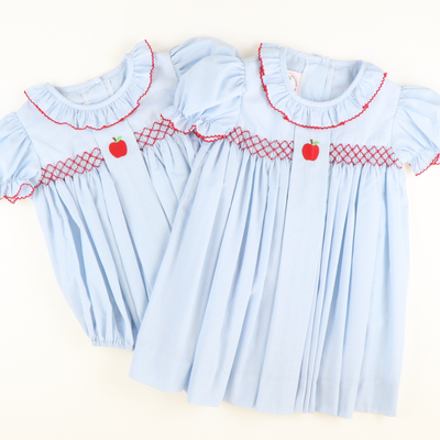 Embroidered Apple Geo Dress - Light Blue Mini Gingham - Stellybelly