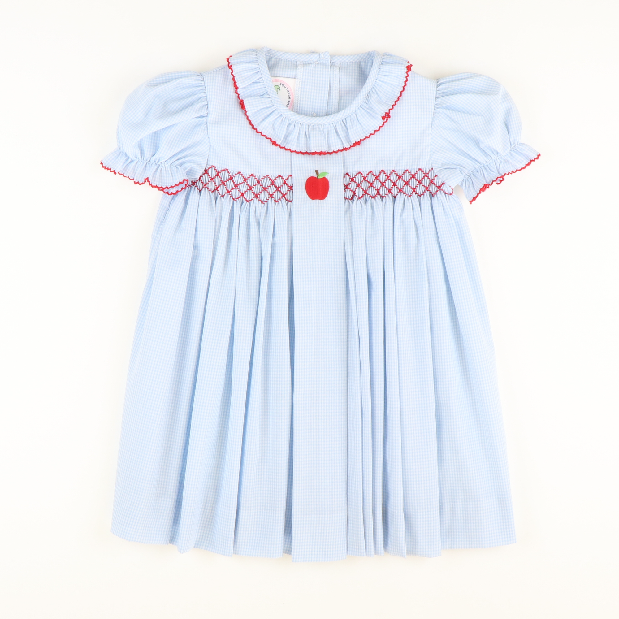 Embroidered Apple Geo Dress - Light Blue Mini Gingham - Stellybelly