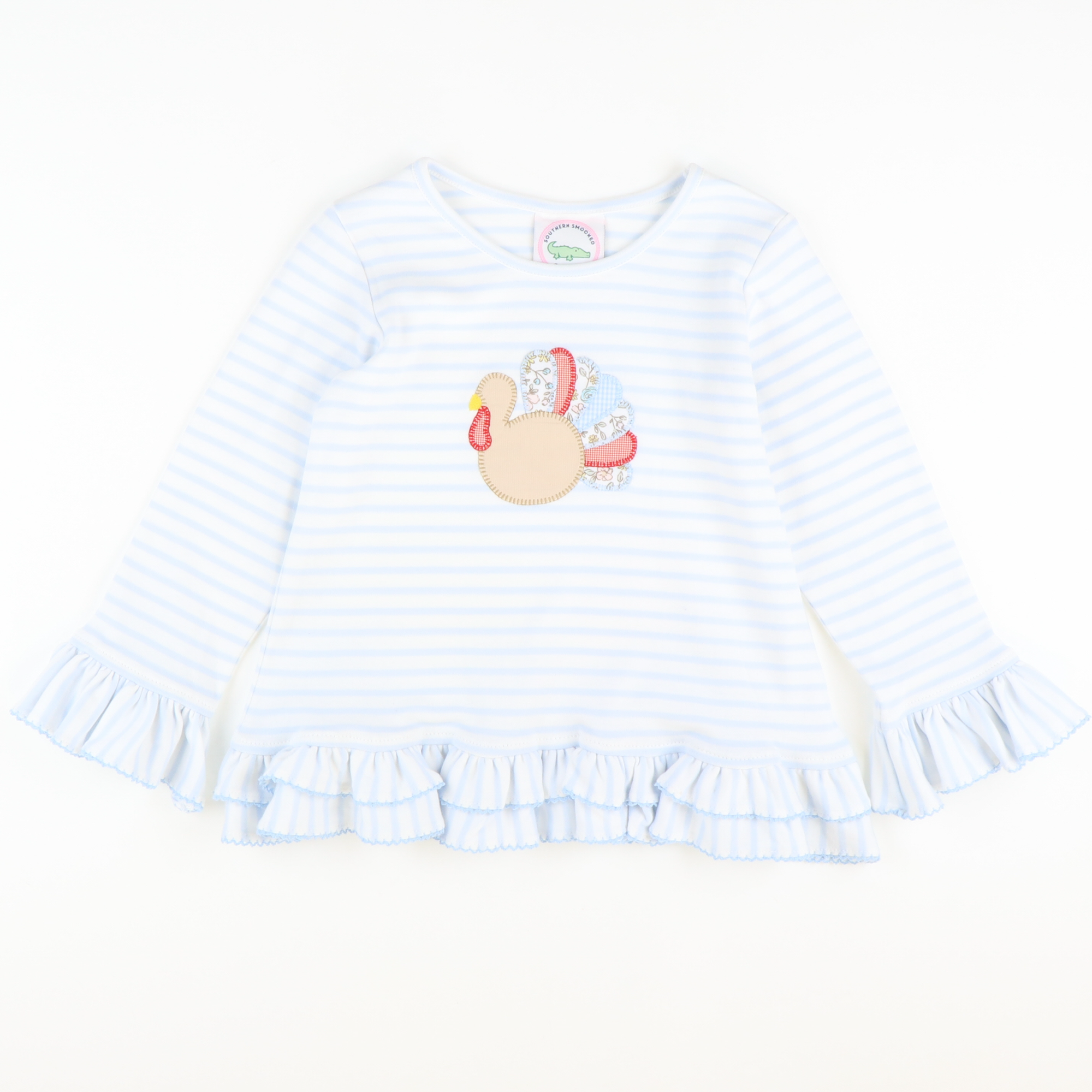 Appliquéd Turkey Ruffle Top - Light Blue Stripe Knit