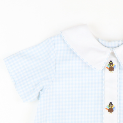 Embroidered Turkeys Collared Boy Bubble - Light Blue Flannel Gingham