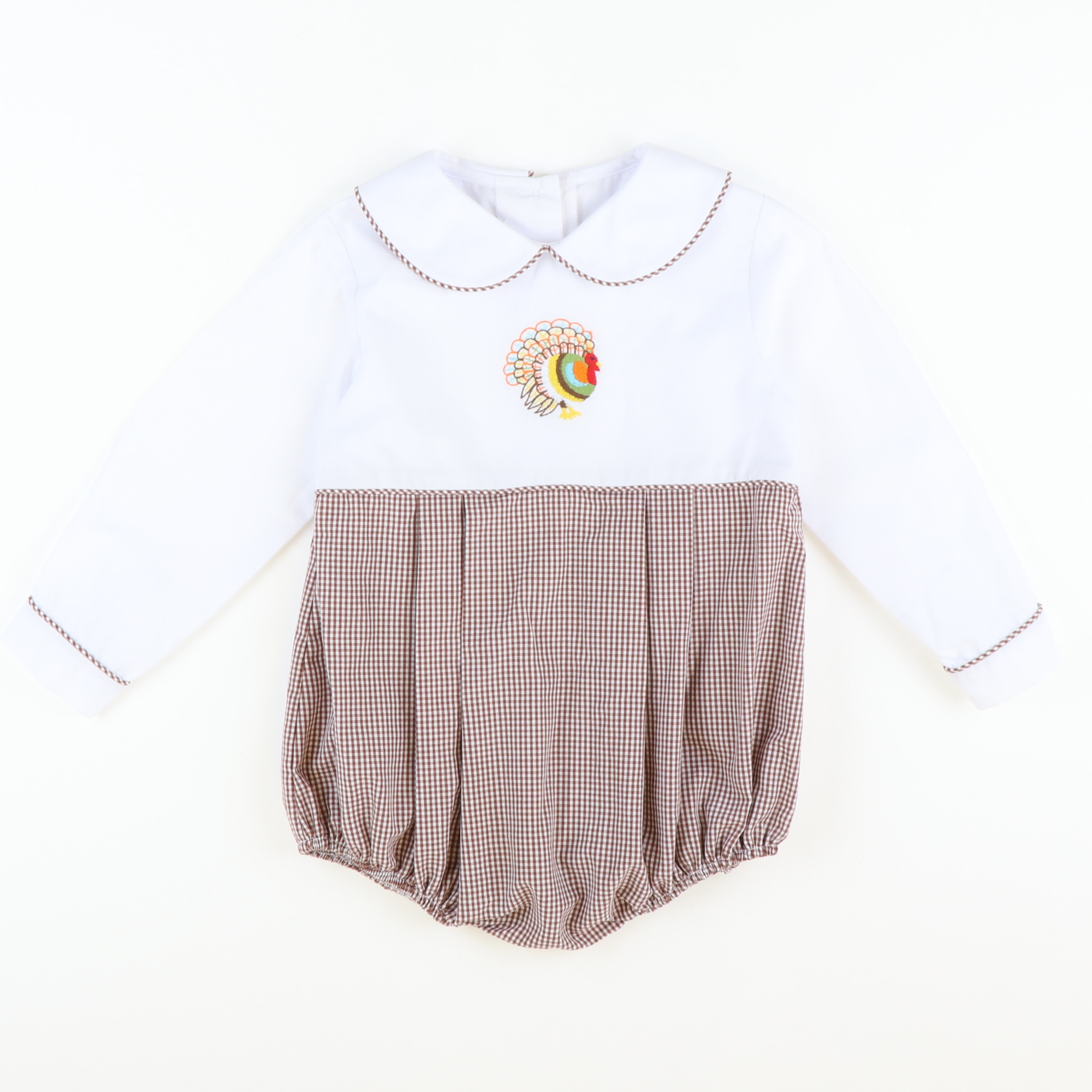 Embroidered Turkey Boy Bubble - Brown Mini Gingham