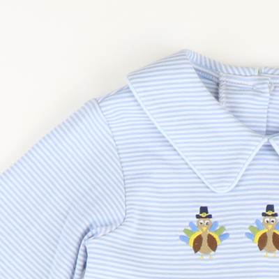Embroidered Turkeys Collared Boy Long Bubble - Light Blue Stripe Knit
