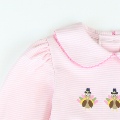 Embroidered Turkeys Collared Girl Long Bubble - Light Pink Stripe Knit