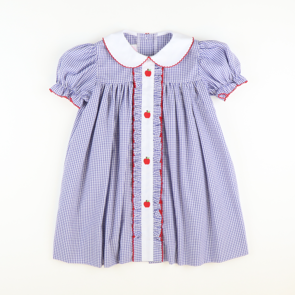 Embroidered Apples Dress - Royal Blue Sandra Gingham Plaid - Stellybelly