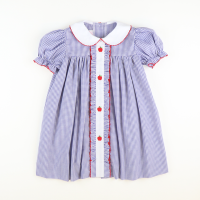 Embroidered Apples Dress - Royal Blue Sandra Gingham Plaid - Stellybelly