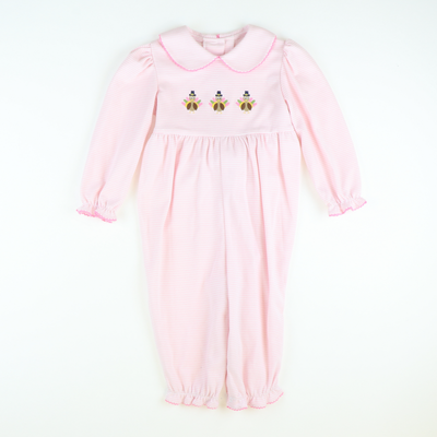 Embroidered Turkeys Collared Girl Long Bubble - Light Pink Stripe Knit