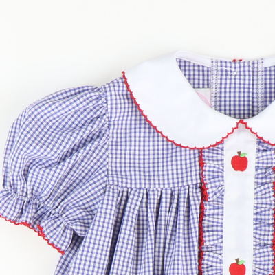 Embroidered Apples Dress - Royal Blue Sandra Gingham Plaid - Stellybelly