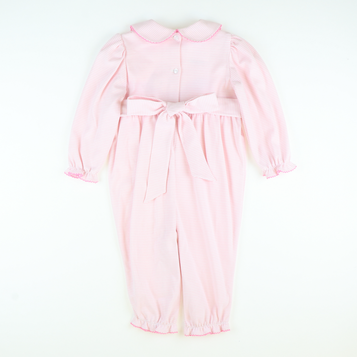 Embroidered Turkeys Collared Girl Long Bubble - Light Pink Stripe Knit