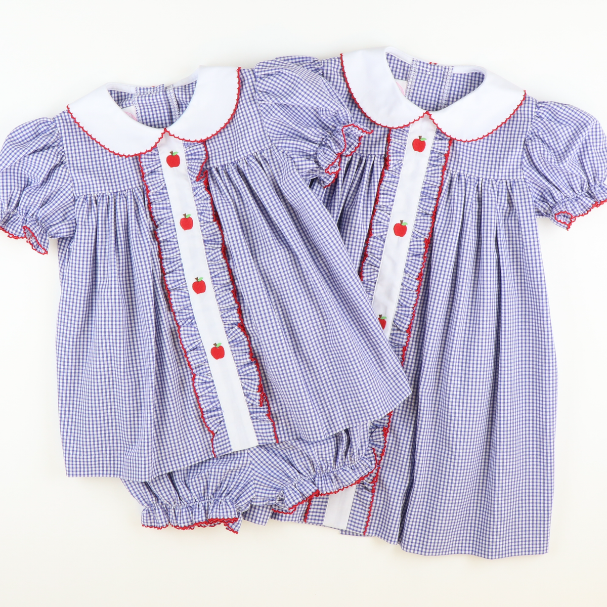 Embroidered Apples Dress - Royal Blue Sandra Gingham Plaid - Stellybelly