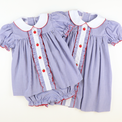 Embroidered Apples Dress - Royal Blue Sandra Gingham Plaid - Stellybelly